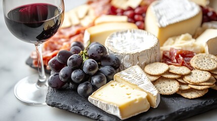 Holiday cheese platter wine A sophisticated charcuterie board featuring assorted cheeses grapes crackers and a glass of red wine