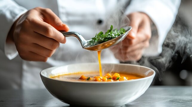Chefs hands holding ladle as hot soup is poured into a bowl white background