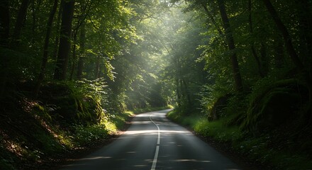 Obraz premium Road winding through verdant forest ? embracing nature's calm ? travel blog post or nature photography
