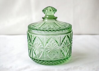 Close up shot of a green glass candy dish with lid on a white textured surface