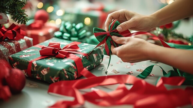 Holiday gift wrapping station a shopping mall ribbons and wrapping paper scattered on the table hands tying the perfect festive bow on a Christmas present