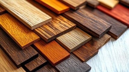 Colorful wood samples in various shades and grains.  Different wood species and finishes.  A collection of  wood planks for interior design