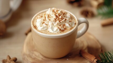 Obraz premium Holiday gingerbread latte a cozy caf A warm holiday drink with gingerbread spices whipped cream and cinnamon dusting
