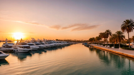 Fototapeta premium Sunset over a marina with yachts and palm trees in a coastal location Generative AI