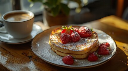 Delicious Strawberries and Pancakes with Coffee on a Wooden Table