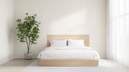 Minimalist bedroom with natural light and wooden bed.  A serene and tranquil space, showcasing a simple, light-filled bedroom with a wooden platform bed and a potted plant.