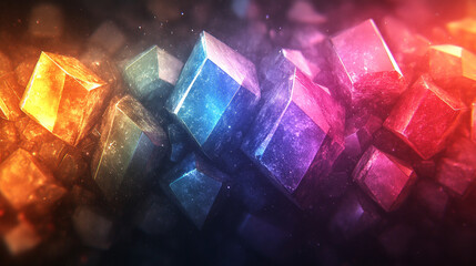 Obraz premium Prism light reflections on black background, featuring blurred geometric shapes, soft gradients, and ethereal colorful overlay, creating a glowing and modern visual effect of sunlight refraction.