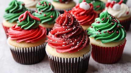 Holiday themed cupcakes frosting A variety of Christmas cupcakes decorated with red and green frosting edible glitter and sprinkles