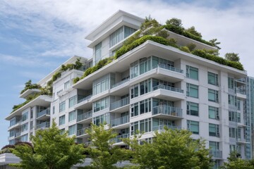 Obraz premium Modern white apartment building with green rooftop gardens and balconies under a cloudy sky view from below