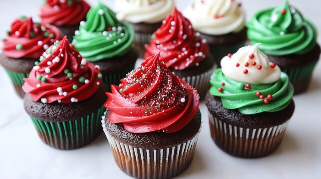 Holiday themed cupcakes frosting A variety of Christmas cupcakes decorated with red and green frosting edible glitter and sprinkles - Powered by Adobe