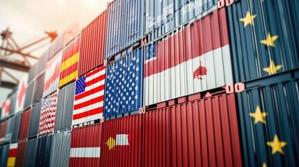 International shipping containers displaying various national flags.