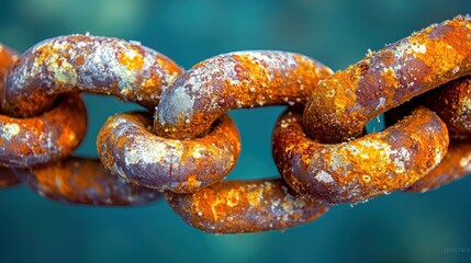 Corroded metal chain links against a blurred teal background. Close-up view of rusted chain