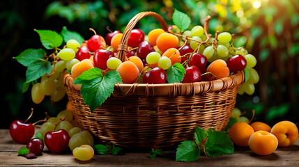 Freshly harvested fruit basket filled with colorful grapes and cherries Generative AI