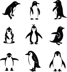 Cute and Silhouette Penguin Vector Set – Cartoon Baby Penguins in Various Poses and Black and White Icons for Kids, Winter, and Wildlife Design.