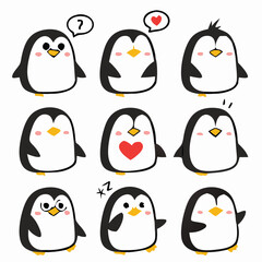 Obraz premium Cute and Silhouette Penguin Vector Set – Cartoon Baby Penguins in Various Poses and Black and White Icons for Kids, Winter, and Wildlife Design.