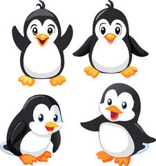 Cute and Silhouette Penguin Vector Set – Cartoon Baby Penguins in Various Poses and Black and White Icons for Kids, Winter, and Wildlife Design.