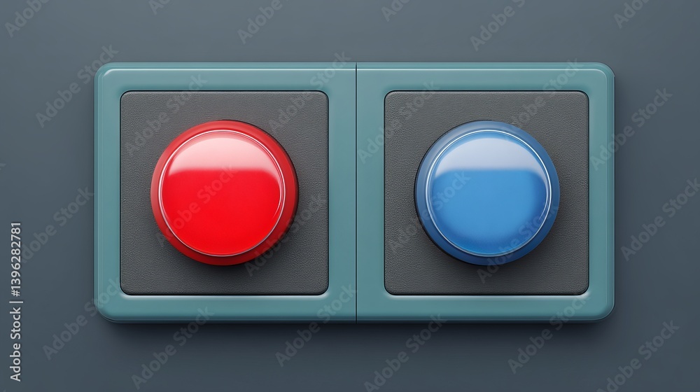 Poster red and blue push buttons digital render glossy surface modern interface technology control panel de
