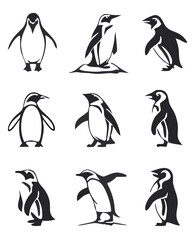 Fototapeta premium Cute and Silhouette Penguin Vector Set – Cartoon Baby Penguins in Various Poses and Black and White Icons for Kids, Winter, and Wildlife Design.