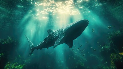 Fototapeta premium Majestic whale shark glides through sunlit ocean depths