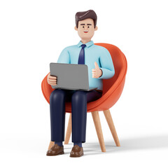 A man sits on an orange chair holding a laptop, giving a thumbs-up gesture, symbolizing approval or success in a work-related context. 3D rendering, conceptual image. Isolated on white background.