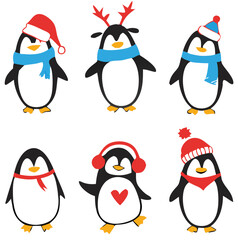 Cute Cartoon Penguins in Winter and Holiday Outfits with Gifts, Balloons, and Festive Accessories – Christmas and New Year Animal Clipart Collection.