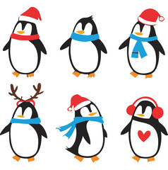 Cute Cartoon Penguins in Winter and Holiday Outfits with Gifts, Balloons, and Festive Accessories – Christmas and New Year Animal Clipart Collection.
