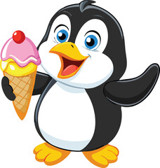 Cute Cartoon Penguin Collection – Vector Set with Ice Cream, Heart Balloon, Speech Bubble, Sign, and Arctic Scene.