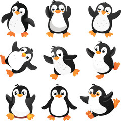 Cute and Silhouette Penguin Vector Set – Cartoon Baby Penguins in Various Poses and Black and White Icons for Kids, Winter, and Wildlife Design.