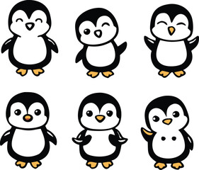 Cute and Silhouette Penguin Vector Set – Cartoon Baby Penguins in Various Poses and Black and White Icons for Kids, Winter, and Wildlife Design.