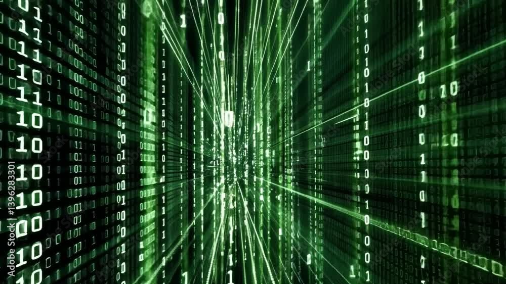 Poster futuristic digital representation of binary code streams in green abstract lines symbolizing technol