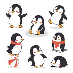 Cute and Silhouette Penguin Vector Set – Cartoon Baby Penguins in Various Poses and Black and White Icons for Kids, Winter, and Wildlife Design.