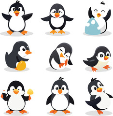 Cute and Silhouette Penguin Vector Set – Cartoon Baby Penguins in Various Poses and Black and White Icons for Kids, Winter, and Wildlife Design.