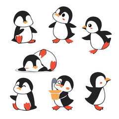 Cute and Silhouette Penguin Vector Set – Cartoon Baby Penguins in Various Poses and Black and White Icons for Kids, Winter, and Wildlife Design.