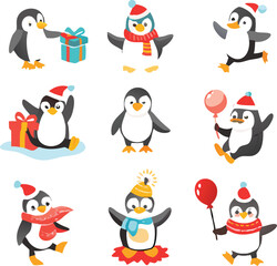 Cute Cartoon Penguins in Winter and Holiday Outfits with Gifts, Balloons, and Festive Accessories – Christmas and New Year Animal Clipart Collection.