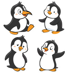 Cute and Silhouette Penguin Vector Set – Cartoon Baby Penguins in Various Poses and Black and White Icons for Kids, Winter, and Wildlife Design.