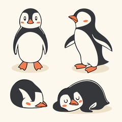 Cute and Silhouette Penguin Vector Set – Cartoon Baby Penguins in Various Poses and Black and White Icons for Kids, Winter, and Wildlife Design.