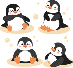 Cute and Silhouette Penguin Vector Set – Cartoon Baby Penguins in Various Poses and Black and White Icons for Kids, Winter, and Wildlife Design.