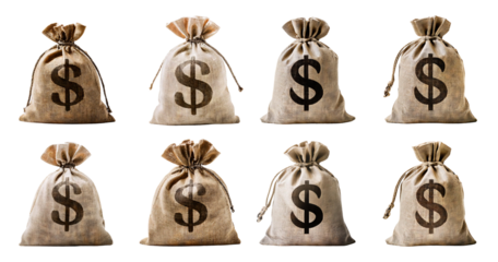 Money Bags with Dollar Signs on Neutral Background for Finance Concepts, Bundle Set Collection, Isolated on Transparent Background