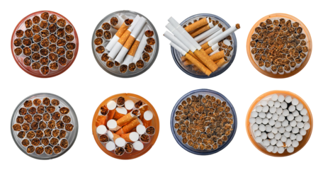 Collection of Cigarettes in Various Arrangements on White Background, isolated on transparent background