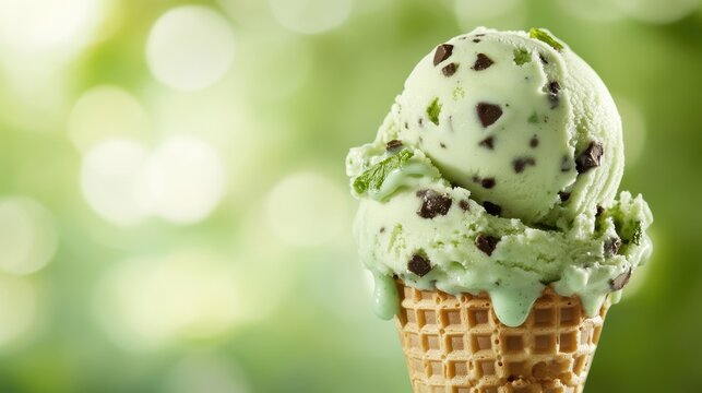 Dripping Mint Chip ice cream cone set against a soft green backdrop with ample space for your brand promotional message