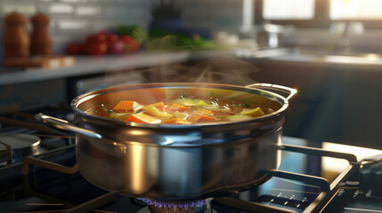 vegetable broth in a metal pan on a gas stove in the kitchen, cooking, healthy food, soup, meat, fire, heat, potato