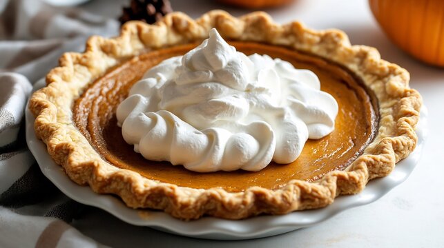 Homemade pumpkin pie whipped cream A classic holiday dessert featuring a golden crust rich pumpkin filling and a swirl of whipped cream - Powered by Adobe