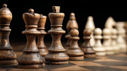 Vintage Wooden Chess Pieces Strategy Game Closeup Dark Background Antique Chessboard Brown Dark Chessmen Game Competition Challenge Wooden Texture    
