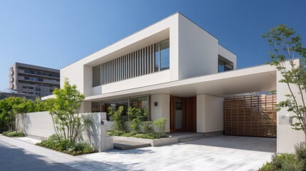 Fototapeta premium Modern white house with flat roof and garden under a clear blue sky during daytime in a residential area