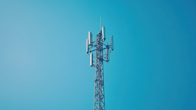 Cellular communication tower against a clear blue sky for telecommunications industry