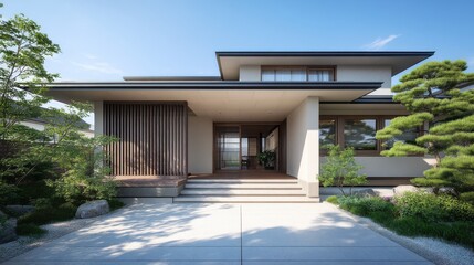 Exterior view of a modern home with a flat roof and manicured garden on a bright sunny day time