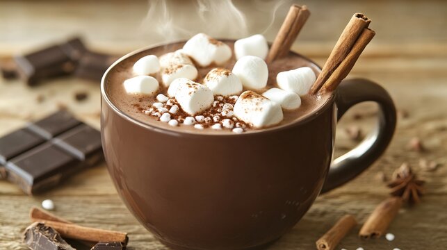 Hot chocolate marshmallows A steaming mug of rich hot cocoa topped with fluffy marshmallows cinnamon sticks and chocolate shavings - Powered by Adobe