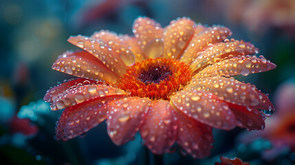 Close up of a vibrant orange gerbera daisy covered in glistening water droplets on its petals - Ideal for desktop background, banner and more.