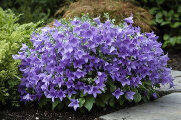 Obraz premium Campanula Bellflower Blossom with Leaves, Ground Cover, Lush Perennial Blooms