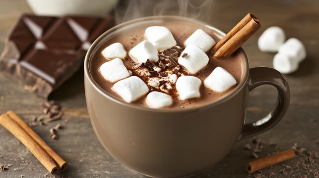 Hot chocolate marshmallows A steaming mug of rich hot cocoa topped with fluffy marshmallows cinnamon sticks and chocolate shavings